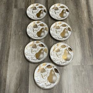 Restoration Hardware Christmas 8”Plates Holiday Gold Pear Noel Peace Set